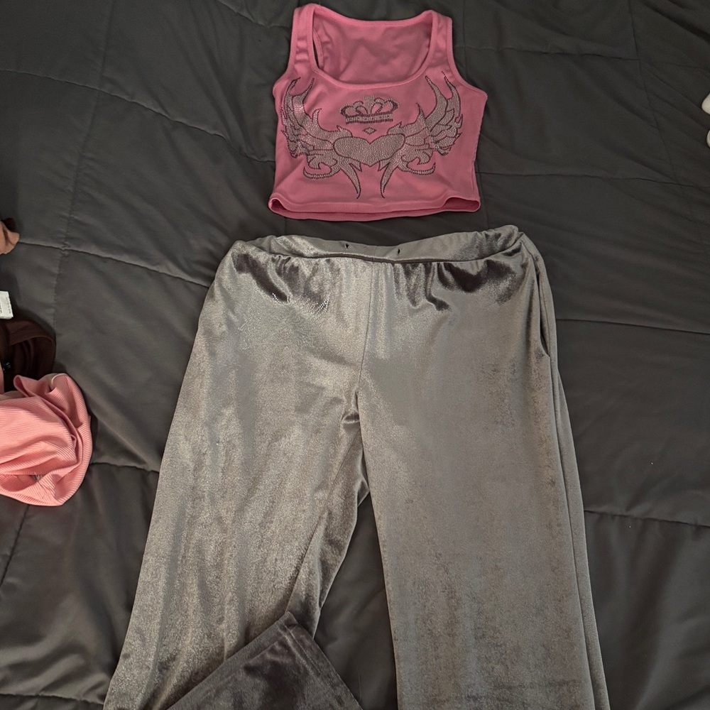 Pink Cropped Tank & Gray Velvet Lounge Pants Set